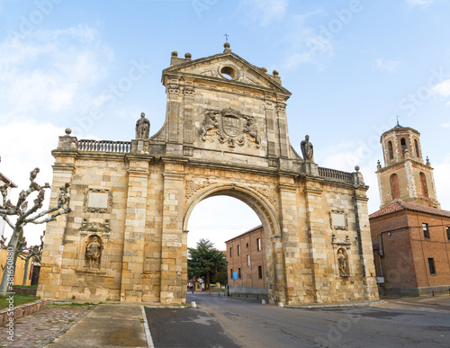 Clock tower and arch in ruins of the Monastery of San Benito. Sahagun. Spain 
