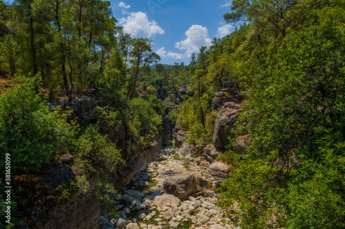 Creek eroded rocks. Flowing stream between rocks. Antalya Koprulu Canyon. Turkey  august 2020