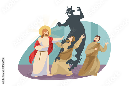 Christianity, religion, protection, devil concept. Jesus Christ son of God Messiah gospel biblical religious character expelling demon satan from posessed man. Divine support Lord power illustration.