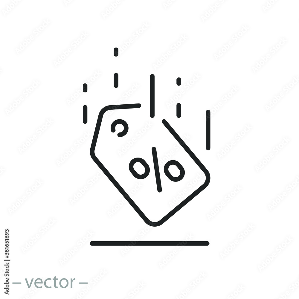reduction cost or rate icon, concept promo low price, sale or discount coupon, thin line web symbol on white background - editable stroke vector illustration eps10 reduction cost or rate icon, concept promo low price, sale or discount coupon, thin line web symbol on white background - editable stroke vector illustration eps10