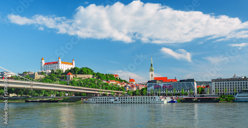 Photography Bratislava castle over Danube river and Bratislava old town, Slovakia