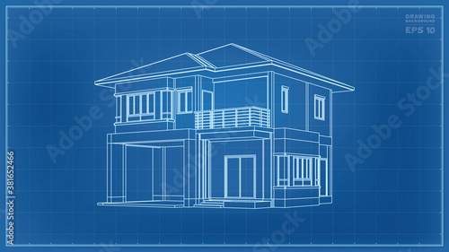 3D perspective wireframe of house exterior. Vector.