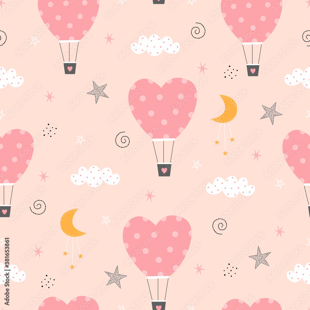 Vector pattern Seamless background Heart shaped balloon floating in the pink sky Cute design used for print, wallpaper, valentine.