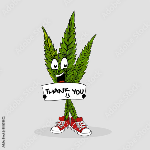 Cannabis Character design holding card with text thank you. Hand drawn text Thank you on illustration in kids doodle style. Picture with vector funny fruits and placard