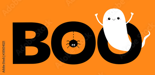Happy Halloween. Flying ghost spirit. Boo text with hanging spider insect. Cute kawaii cartoon scary spooky character. Smiling face, hands. Greeting card. Flat design. Orange background.