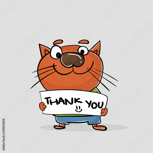 Cat Character design holding card with text thank you. Hand drawn text Thank you on illustration in kids doodle style. Picture with vector funny animals and placard
