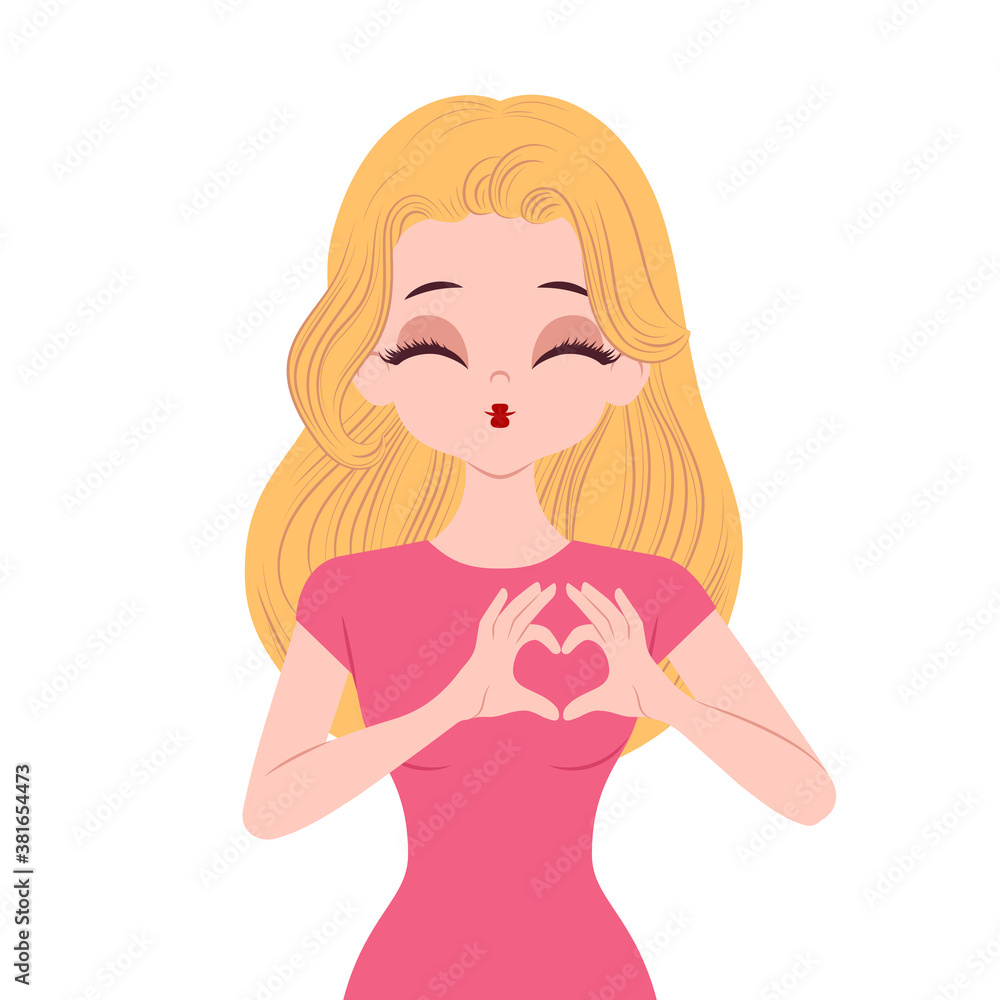 Young woman character isolated on white background making a heart gesture Young woman character isolated on white background making a heart gesture
