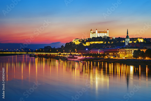 Bratislava castle over Danube river and Bratislava old town, Slovakia