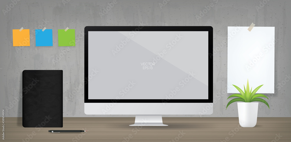 Computer display background in working area. Business background for interior design and decoration. Vector. Computer display background in working area. Business background for interior design and decoration. Vector.