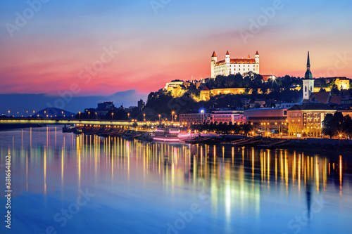 Bratislava castle over Danube river and Bratislava old town, Slovakia