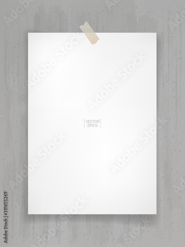 White paper stick on gray concrete background with soft shadow. Vector.