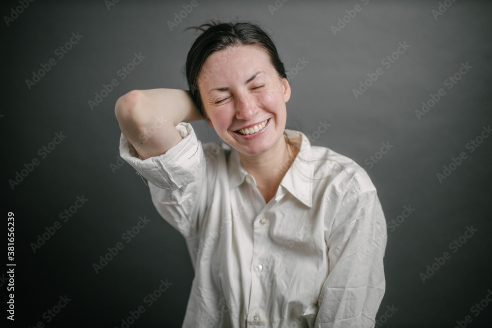 Woman laughing portrait at home Woman laughing portrait at home