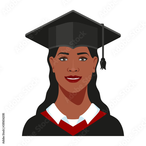 Beautiful Latino american college girl student, university graduate in graduation cap and gown. Vector illustration.