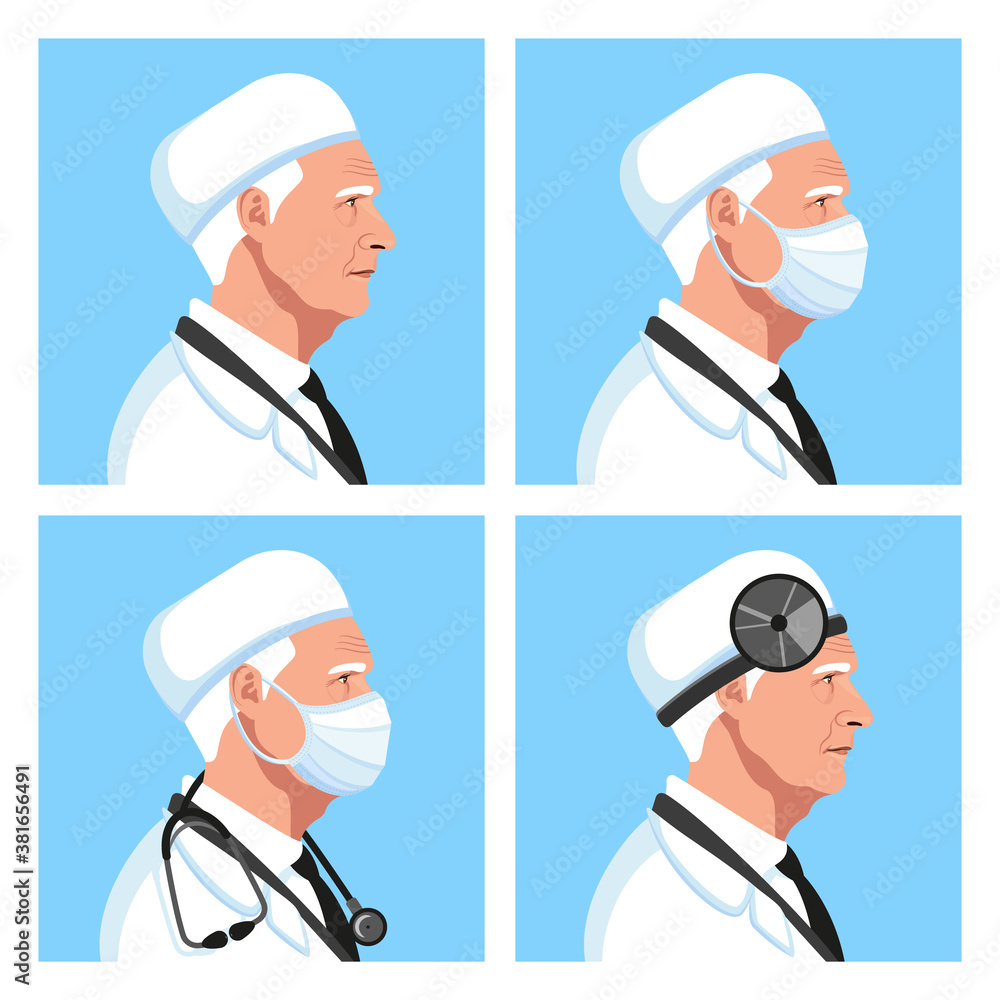 Aged professor of medicine, chief physician, ENT in a medical cap, with medical face mask, head reflector, stethoscope avatar set. Healthcare personal. Therapist. Vector. Aged professor of medicine, chief physician, ENT in a medical cap, with medical face mask, head reflector, stethoscope avatar set. Healthcare personal. Therapist. Vector.