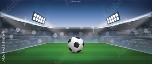 Soccer football ball on green grass of soccer field stadium background. Vector.