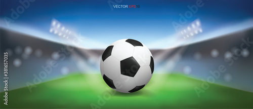 Soccer football ball on green grass of soccer field stadium background. Vector.