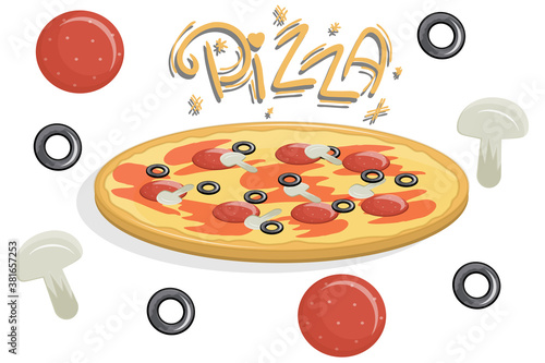Pizza of hand-drawn calligraphy. Pizza with mushrooms, salami sausage and olives isolated on a white background. Vector illustration in cartoon flat style.