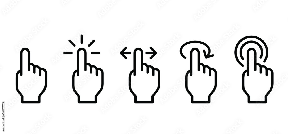 Touch screen, click here button with hand pointer clicking. Clicking or selecting finger icon. Flat vector push button sign. Touch Gesture Icons Touch screen, click here button with hand pointer clicking. Clicking or selecting finger icon. Flat vector push button sign. Touch Gesture Icons