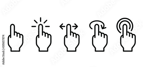 Touch screen, click here button with hand pointer clicking. Clicking or selecting finger icon. Flat vector push button sign. Touch Gesture Icons