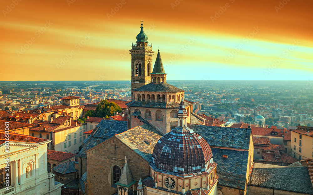 Bergamo city - Scenic sunse view of the Old city and Basilica of Santa Maria Maggiore and Cappella Colleoni in Citta Alta, Italy
