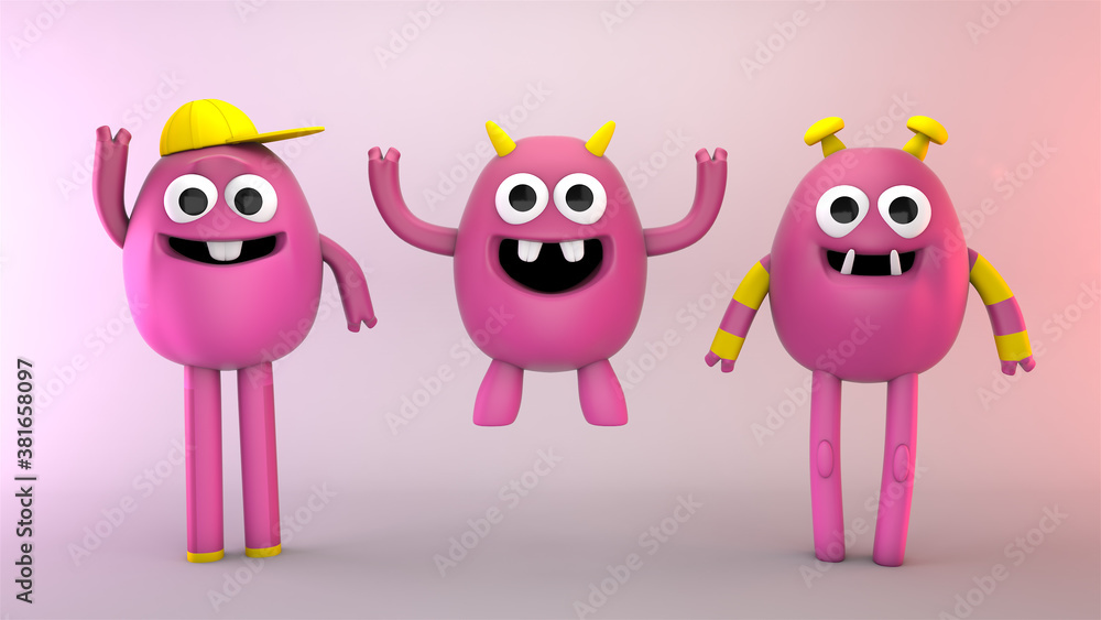 3 cute monsters family photo 3d illustration render 3 cute monsters family photo 3d illustration render