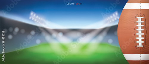 American football ball with light blurred background of football stadium. Vector.