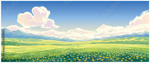 Summer rural landscape with blooming glade with dandelions in the foreground.