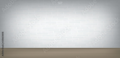 Empty room space with white brick wall and wooden floor. Interior space for creative and design. Vector.