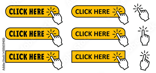 Click here button with hand pointer clicking. WWW, web link. Computer, Clicking or selecting. Online buy of page on website. Clicking finger icon. Flat vector push button sign.