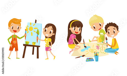 Kids Drawing with Paints and Hair-pencil Vector Set