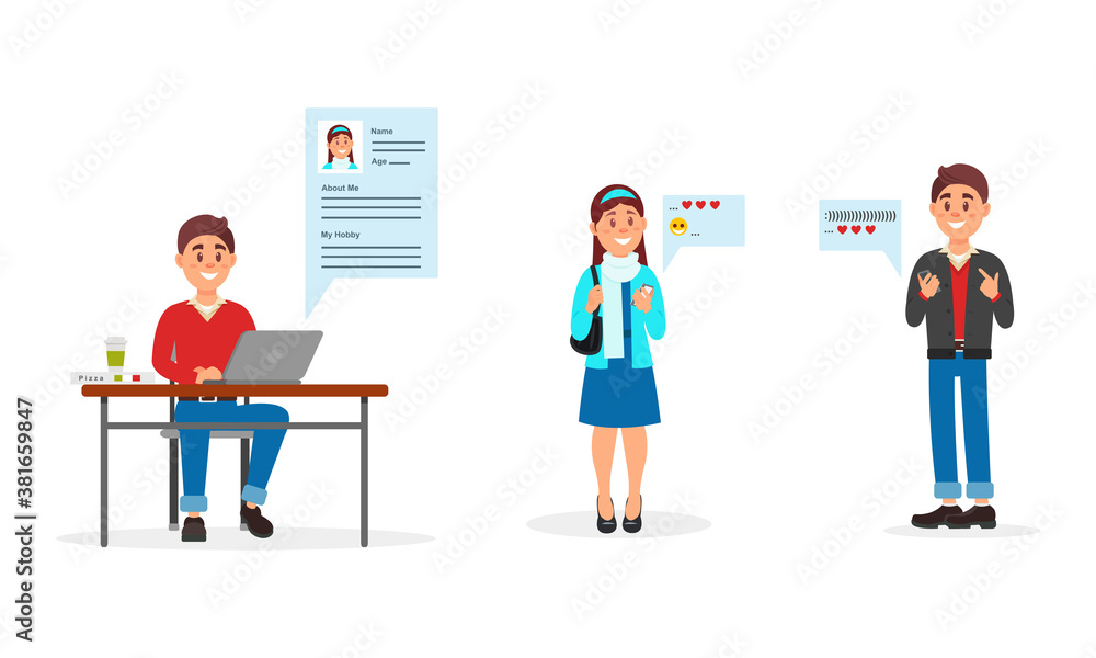 Young Man Completing Profile on Dating Site and Chatting with Woman Vector Illustration Set Young Man Completing Profile on Dating Site and Chatting with Woman Vector Illustration Set