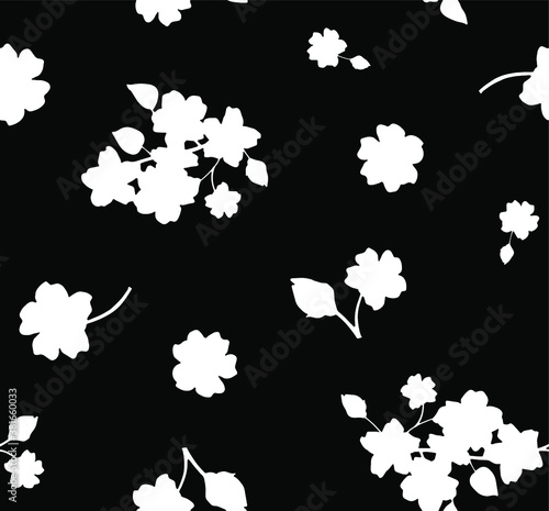 Hand Drawn Abstract Two Colors Japanese Ditsy Flowers and Leaves Repeating Vector Pattern Isolated Background