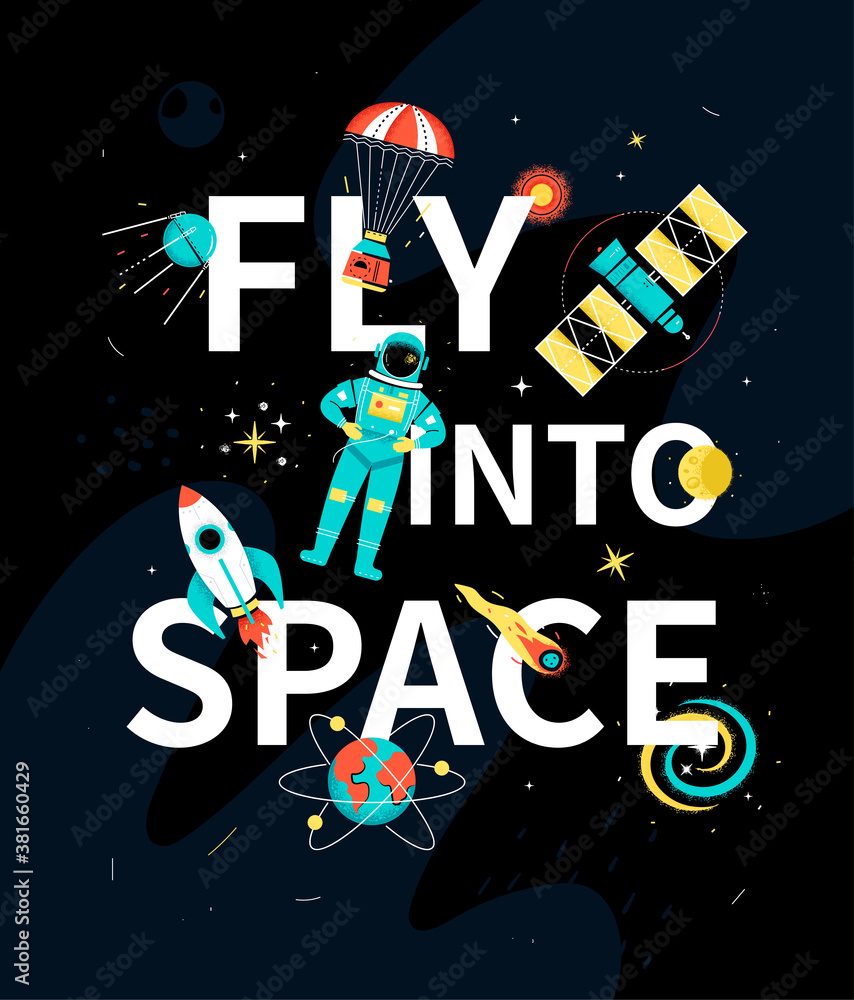 Fly into space - colorful flat design style illustration