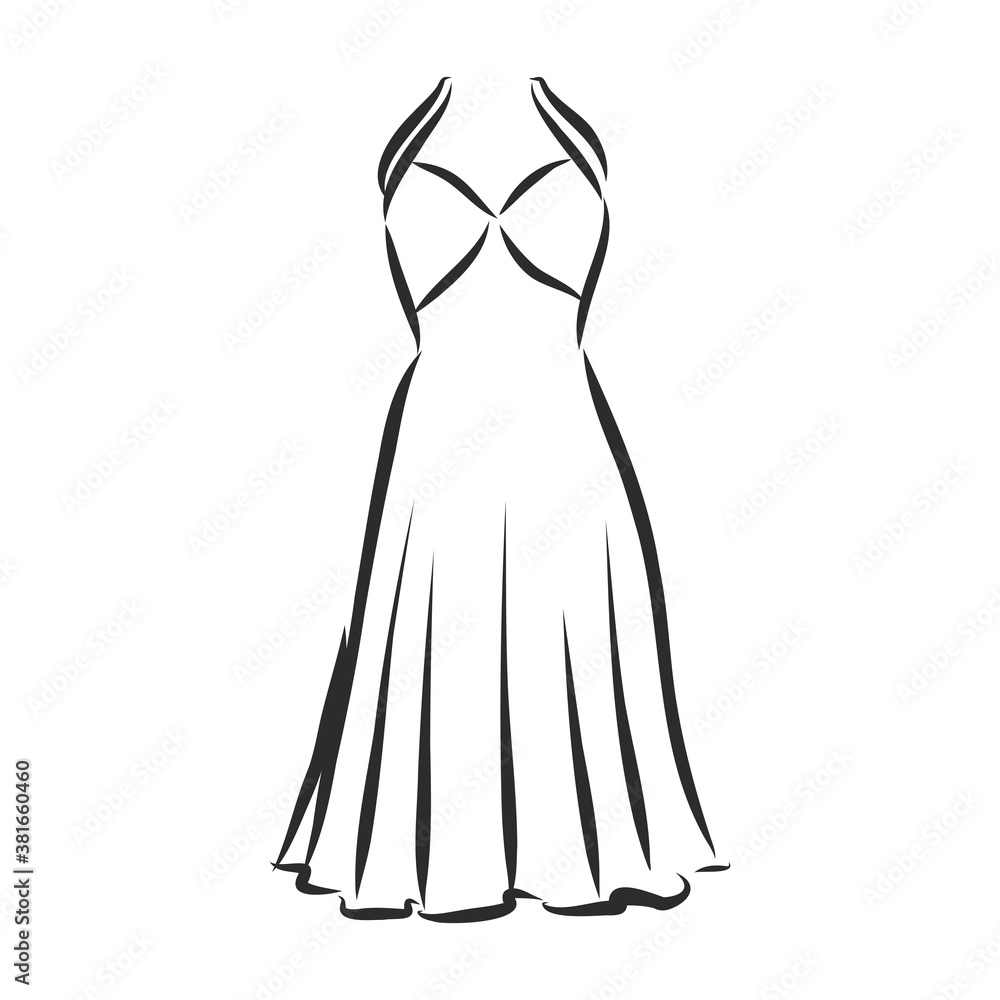 women's dresses. Hand drawn vector illustration. Black outline drawing isolated on white background women's dress, vector sketch illustration women's dresses. Hand drawn vector illustration. Black outline drawing isolated on white background women's dress, vector sketch illustration