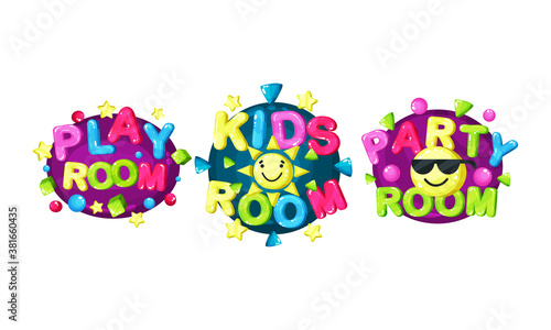 Bright Play Room Badges with Shapes Vector Set