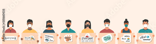 A group of people wearing masks to prevent disease carries a campaign banner. Protective mask Buy online, wash your hands, order online Work at home spaced out coronavirus vector illustration flat sty