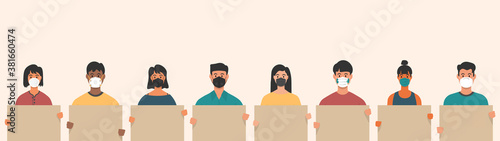 A group of people wearing masks to prevent disease carries a campaign banner. Protective mask Buy online, wash your hands, order online Work at home spaced out coronavirus vector illustration flat sty