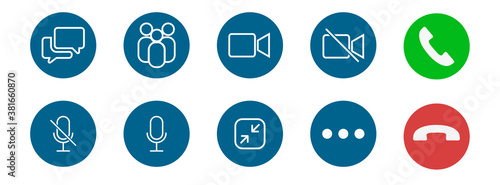 Set of Video call icons. Video conference. Collections buttons of on-line video chat app, internet talk, call technology. Web app ui display template. Videoconferencing and online meeting workspace photo