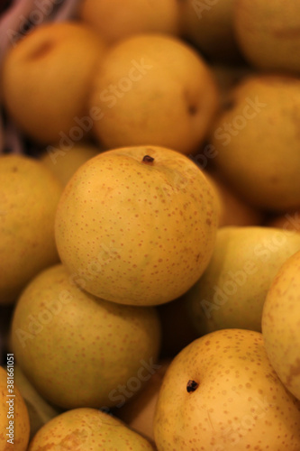 Close up of a group of ripe pears  soft focus