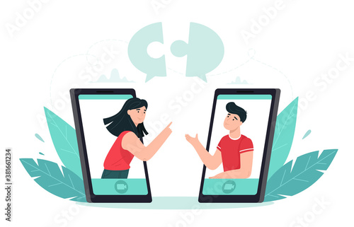 People put together puzzle pieces. Concept illustration of collaboration and teamwork online via videoconferencing application. Vector illustration in flat style.