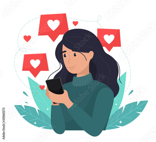 Social networks, promotion, smm concept. Young happy girl with mobile phone puts likes. Vector illustration in flat style.