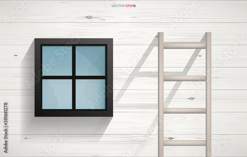 Abstract background of wooden Ladder and square window on wooden wall texture with horizontal slats wood wall of house. Vector.