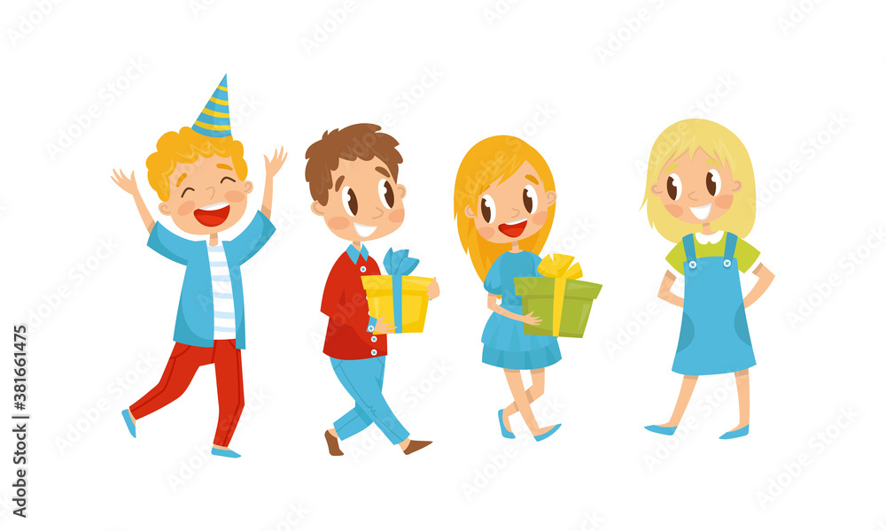 Cheerful Boy and Girl in Festive Hat Carrying Gift Box Vector Illustration Set Cheerful Boy and Girl in Festive Hat Carrying Gift Box Vector Illustration Set