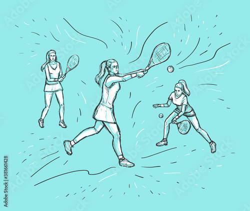 Women tennis players  with racquet on blue background. Girls playing tennis. Sketch vector color hand drawn Illustration. Sport concept.