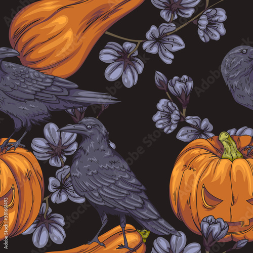 seamless pattern with crows, halloween pumpkins and dark flowers
