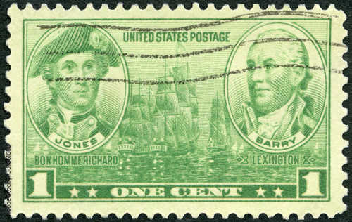 USA - 1936: shows portrait John PaulJones (1747-1792) and John Barry (1745-1803), Navy Issue, Bon Homme Richar, Lexington, 1936 photo