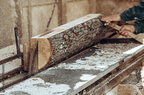 Carpenter cuts wooden board on circular saw.