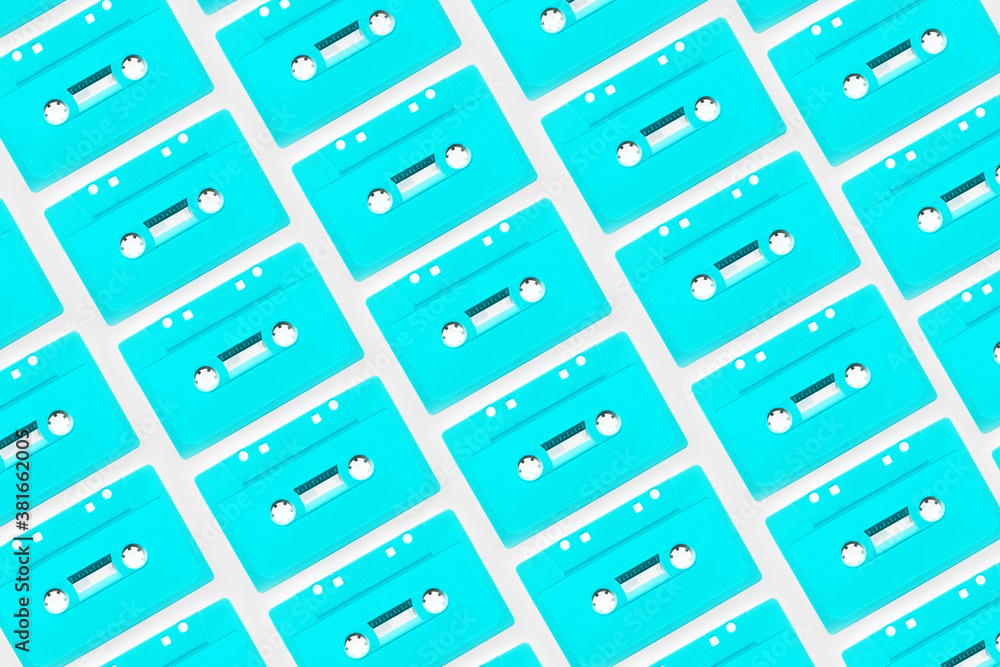 Pattern of cyan audio cassette isolated on white background.