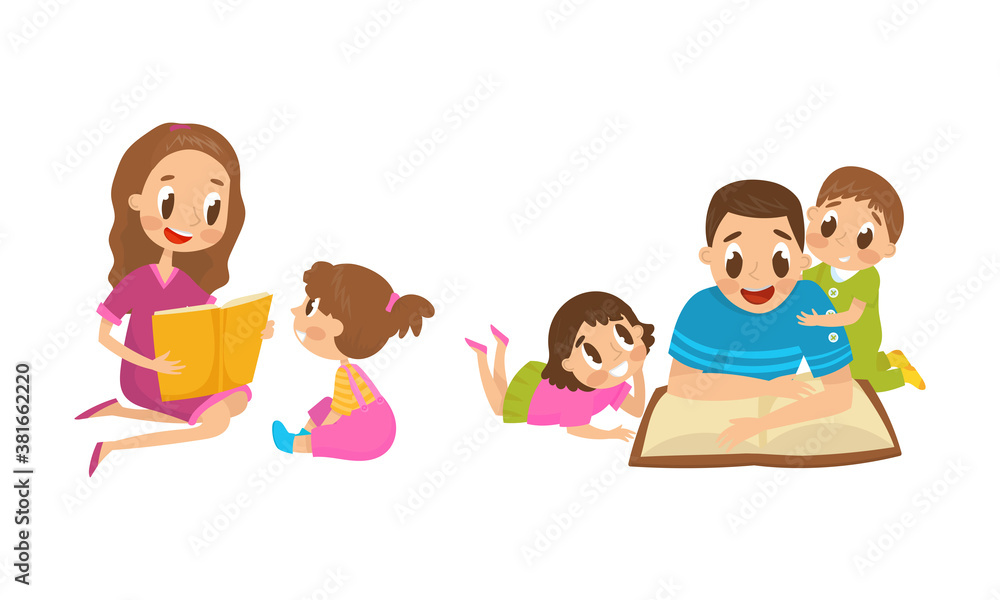 Mother and Father Reading Book to Their Kids Vector Illustration Set Mother and Father Reading Book to Their Kids Vector Illustration Set