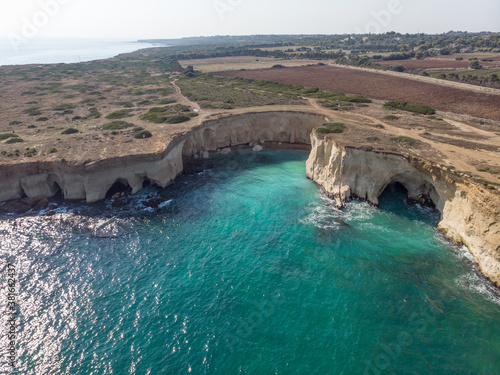 View of the coastline at the Plemmirio, a natural marine reserve near Syracuse, in the southern Sicily, Italy. The shot is taken in a sunny day
